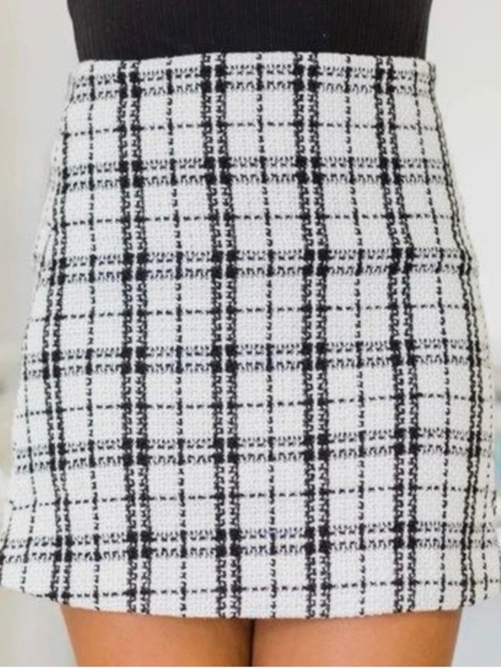 Pink Lilly Black & White Plaid Tweed Mini Skirt